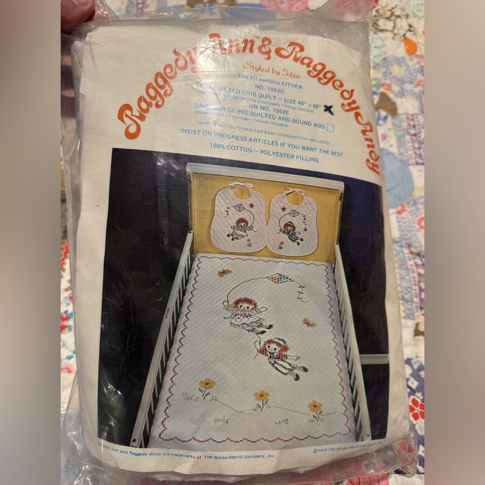 Vintage Raggedy Ann & Andy Crib Quilt. New! Package never opened - White